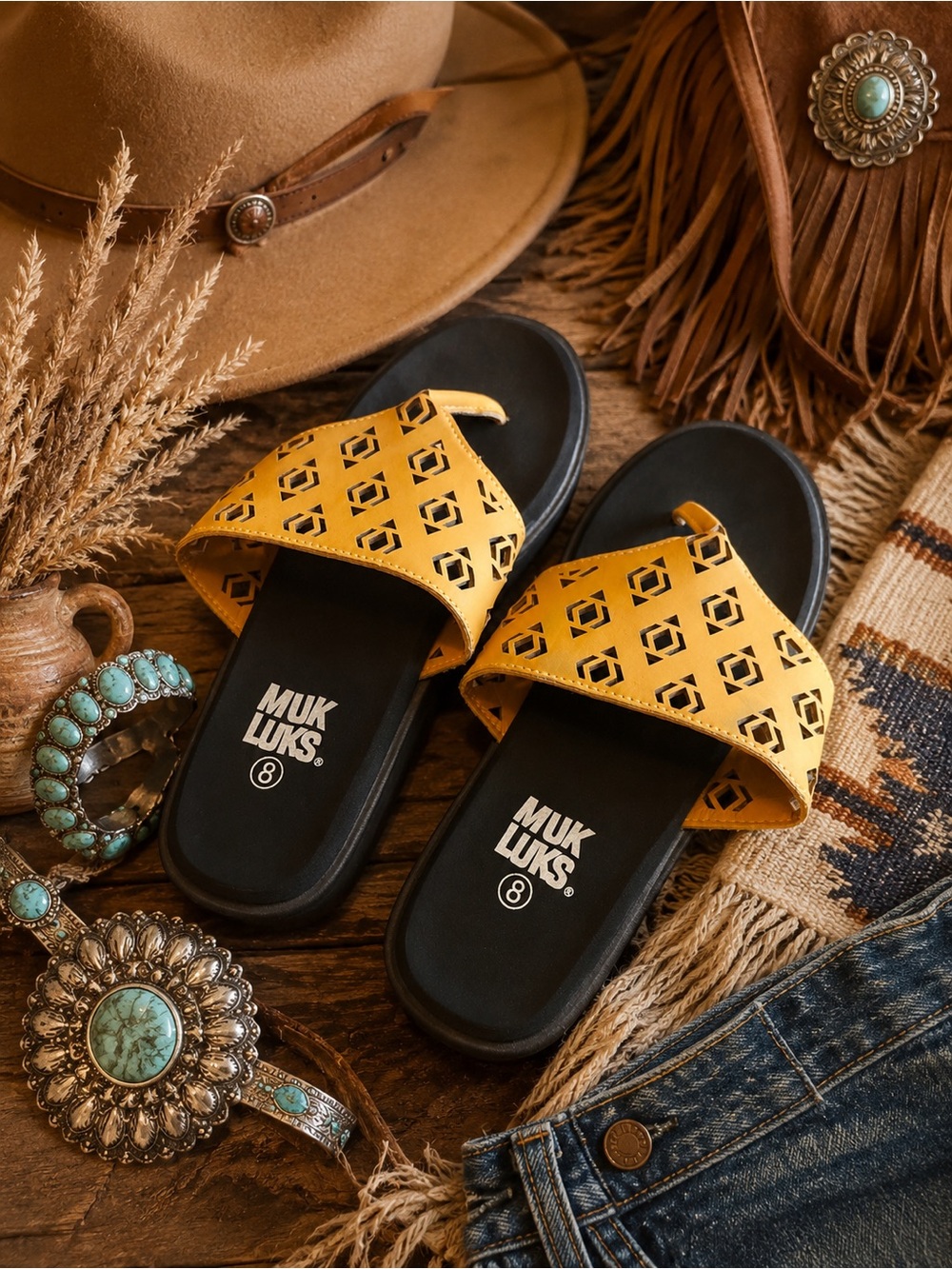 Muk Luks Yellow and Black Cutout Slide Sandals